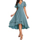 Women's Solid Color And V-neck Ruffled Short Sleeves Chiffon Midi Dress - EX-STOCK CANADA