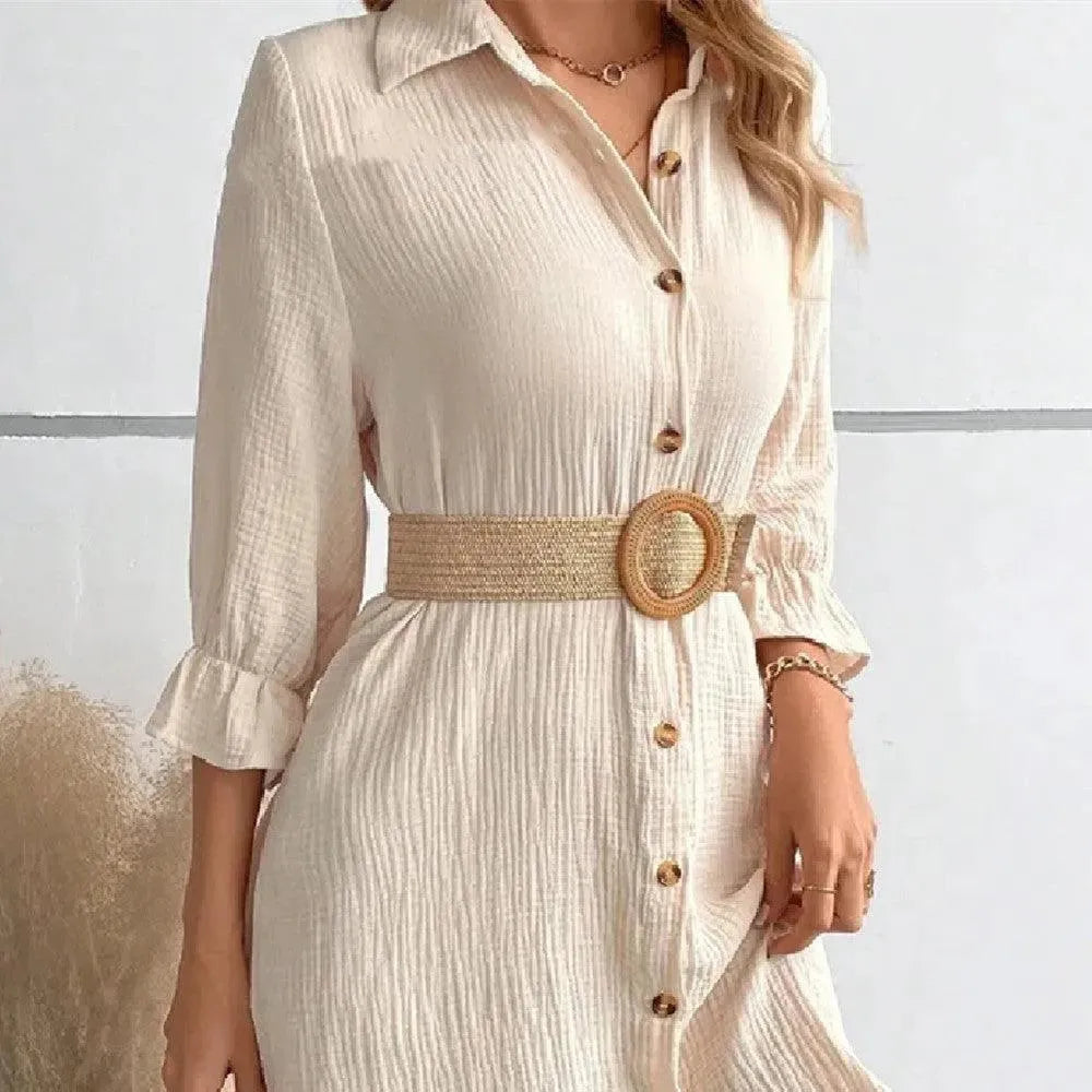 Women's Solid Color Cotton Ruffled Sleeve And Linen Breasted Loose Shirt Dress - EX-STOCK CANADA