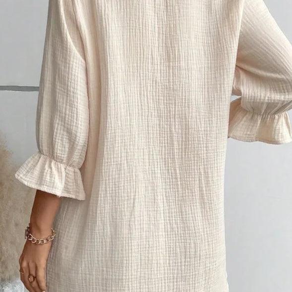 Women's Solid Color Cotton Ruffled Sleeve And Linen Breasted Loose Shirt Dress - EX-STOCK CANADA