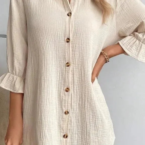 Women's Solid Color Cotton Ruffled Sleeve And Linen Breasted Loose Shirt Dress - EX-STOCK CANADA