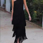 Women's Solid Color Diagonal Collar Multi-layer Tassel Stitching Design Dress - EX-STOCK CANADA