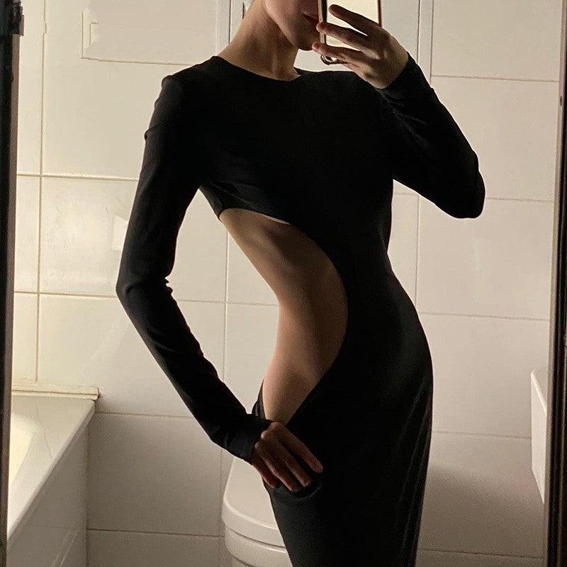 Women's Solid Color Long Sleeve O Neck Hollow Black Dress - EX-STOCK CANADA