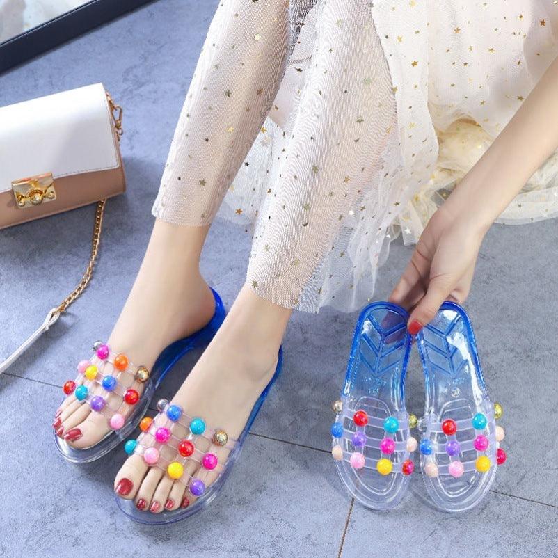 Women's Summer Crystal Pearl Outer Wear Soft Bottom Transparent Beach Shoes - EX-STOCK CANADA