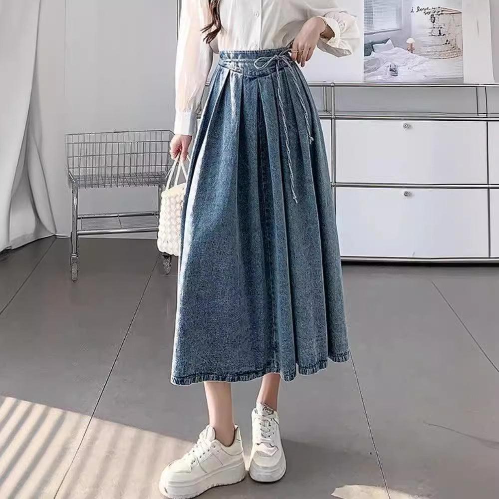 Women's Temperament High Waist Denim Pleated Mid-length Skirt - EX-STOCK CANADA