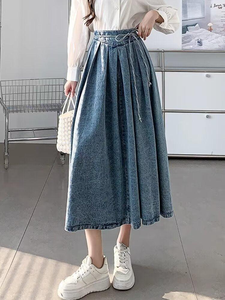 Women's Temperament High Waist Denim Pleated Mid-length Skirt - EX-STOCK CANADA