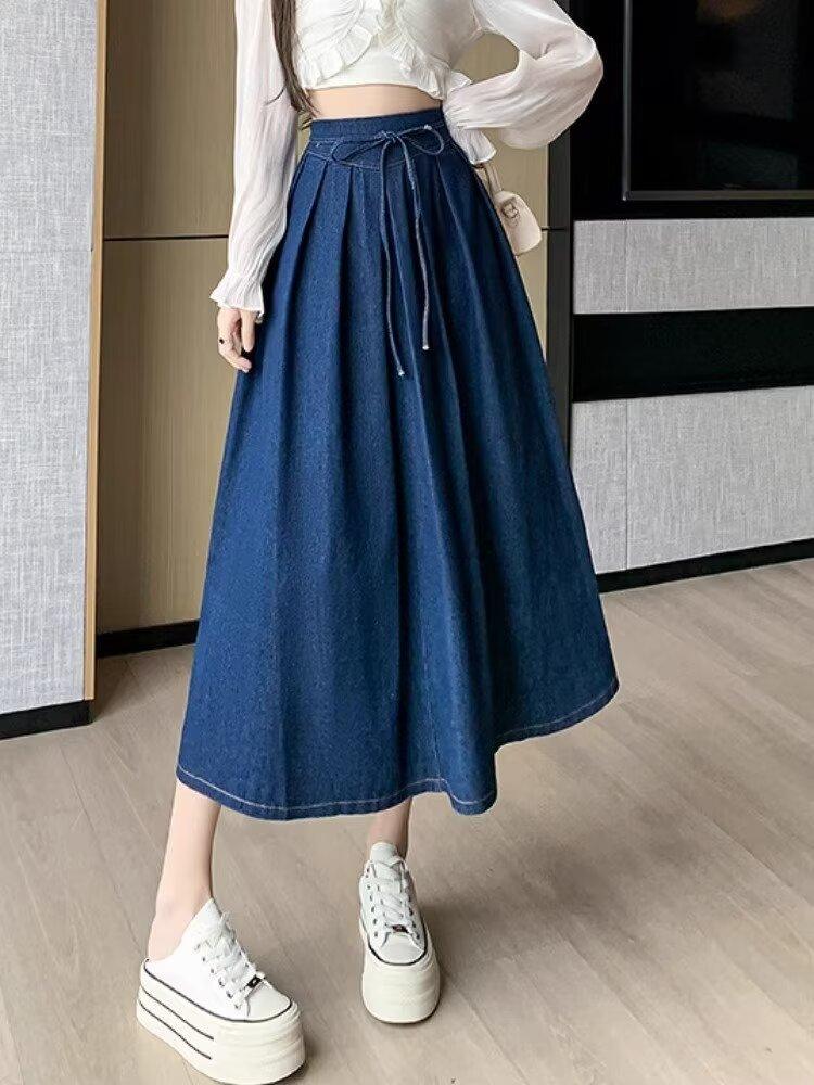 Women's Temperament High Waist Denim Pleated Mid-length Skirt - EX-STOCK CANADA