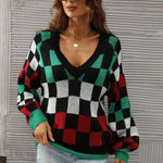 Women's V-neck Plaid Contrast Large Knit Shirt - EX-STOCK CANADA