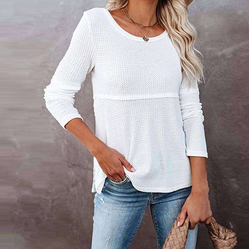Women's Waffle Fashion Back Hollow Round Neck Long Sleeve Top - EX-STOCK CANADA