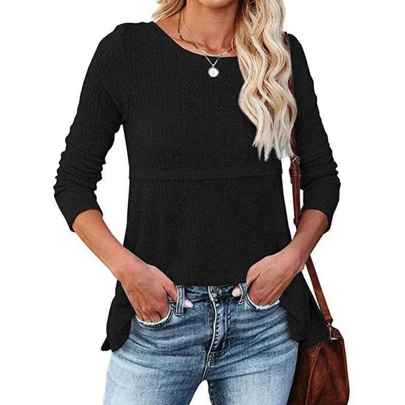 Women's Waffle Fashion Back Hollow Round Neck Long Sleeve Top - EX-STOCK CANADA