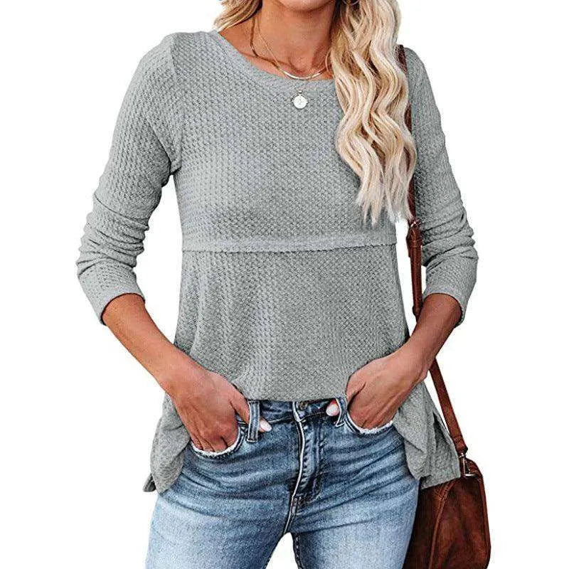 Women's Waffle Fashion Back Hollow Round Neck Long Sleeve Top - EX-STOCK CANADA