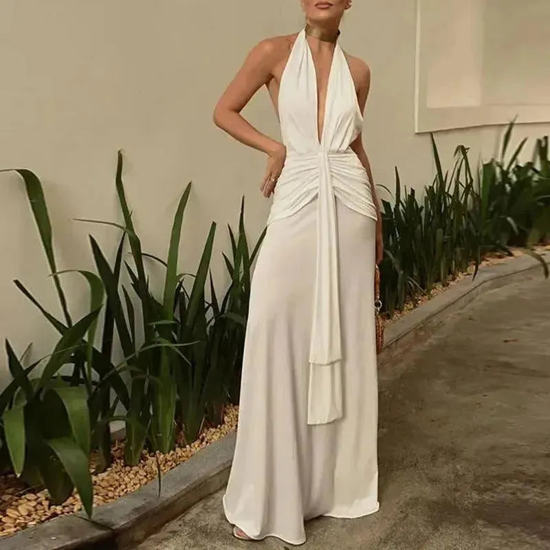 Women Summer Backless Sleeveless Hanging Neck Pleated White Dress - EX-STOCK CANADA