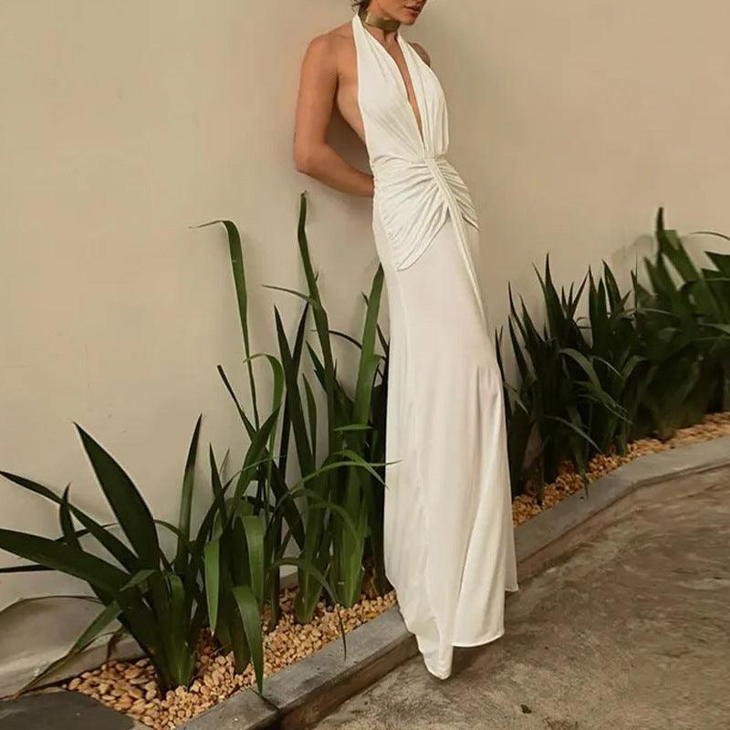 Women Summer Backless Sleeveless Hanging Neck Pleated White Dress - EX-STOCK CANADA