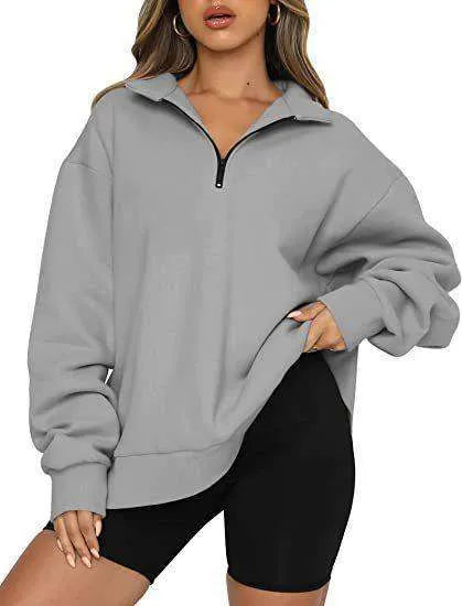 Women Sweatshirts Zip Turndown Collar Loose Casual Tops Clothes - EX-STOCK CANADA