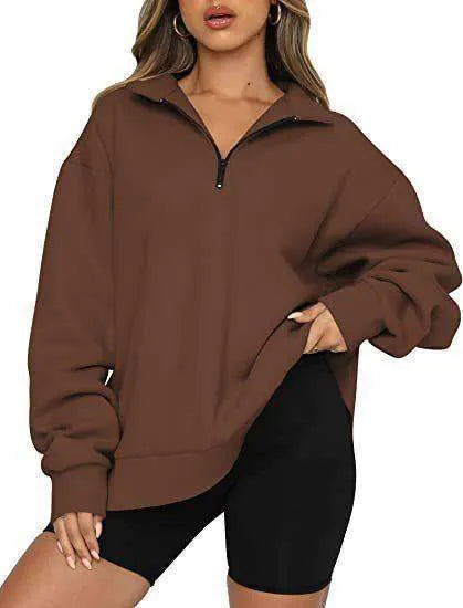 Women Sweatshirts Zip Turndown Collar Loose Casual Tops Clothes - EX-STOCK CANADA