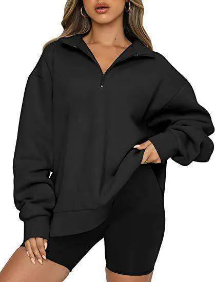 Women Sweatshirts Zip Turndown Collar Loose Casual Tops Clothes - EX-STOCK CANADA