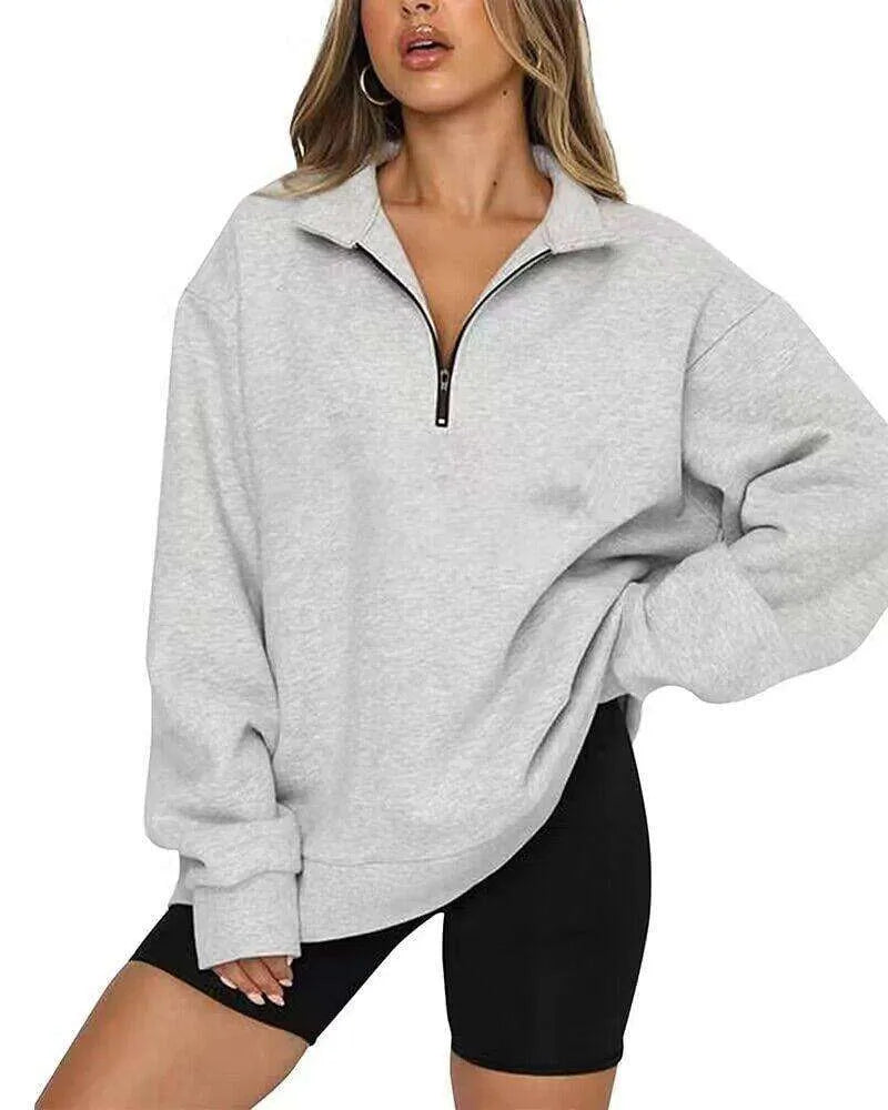 Women Sweatshirts Zip Turndown Collar Loose Casual Tops Clothes - EX-STOCK CANADA