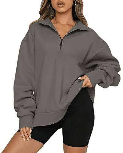 Women Sweatshirts Zip Turndown Collar Loose Casual Tops Clothes - EX-STOCK CANADA