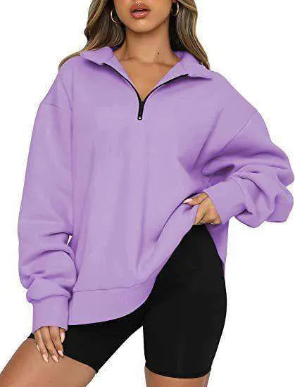 Women Sweatshirts Zip Turndown Collar Loose Casual Tops Clothes - EX-STOCK CANADA