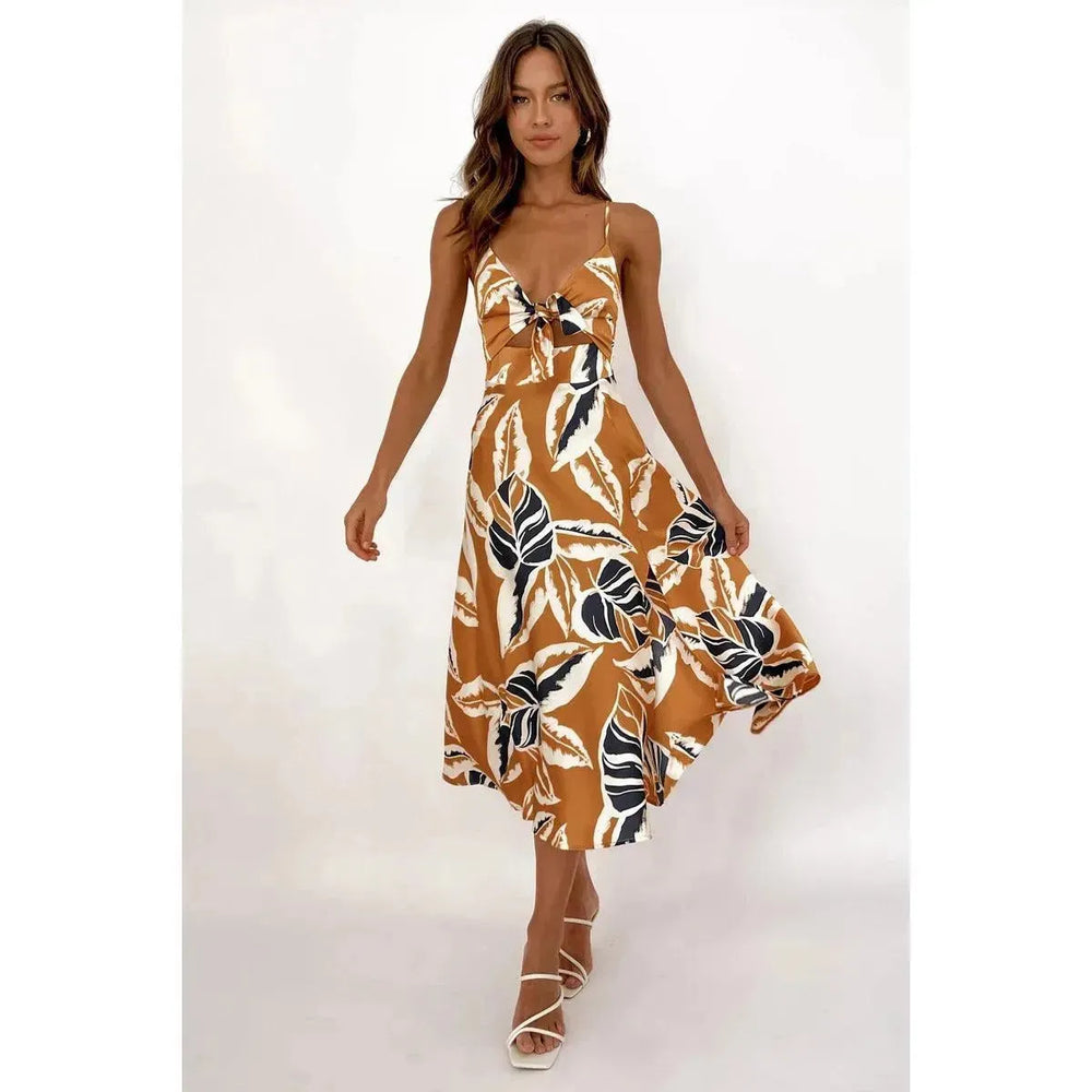 Women Sweet Tie-neck Split Sleeveless Floral Midi Dress - EX-STOCK CANADA