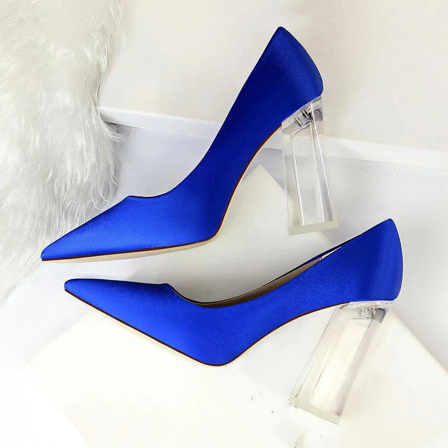 Womens Pumps Shoes Stiletto Satin Transparent Block High Heels - EX-STOCK CANADA