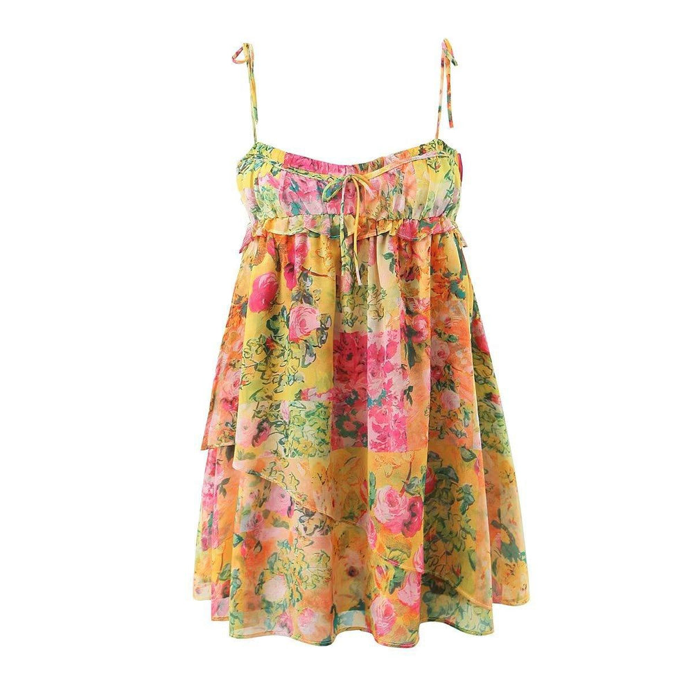 Y2K Flowers Print Suspender Dress Summer Fashion Ruffled Holiday Beach Short Dresses Womens Clothing - EX-STOCK CANADA