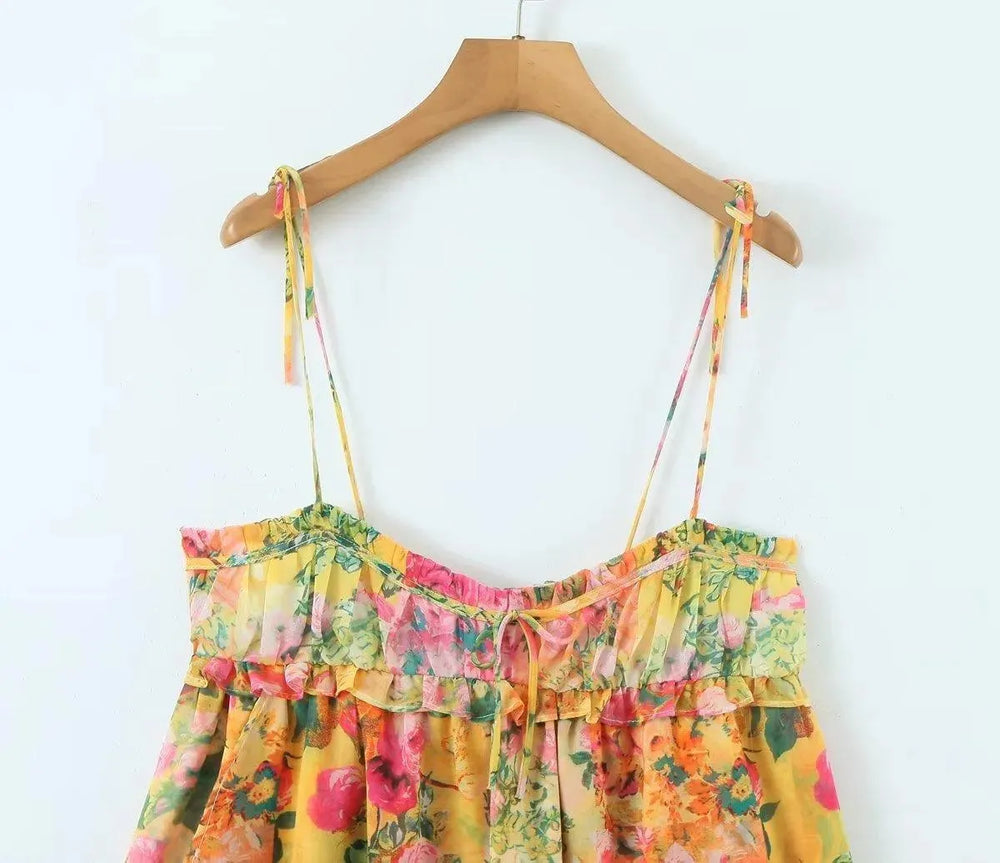 Y2K Flowers Print Suspender Dress Summer Fashion Ruffled Holiday Beach Short Dresses Womens Clothing - EX-STOCK CANADA