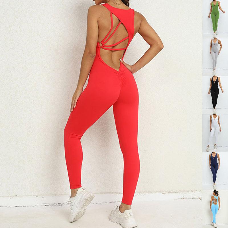 Yoga Jumpsuit V-shaped Back Design Sleeveless Fitness Running Sportswear Stretch Tights Pants For Womens Clothing - EX-STOCK CANADA