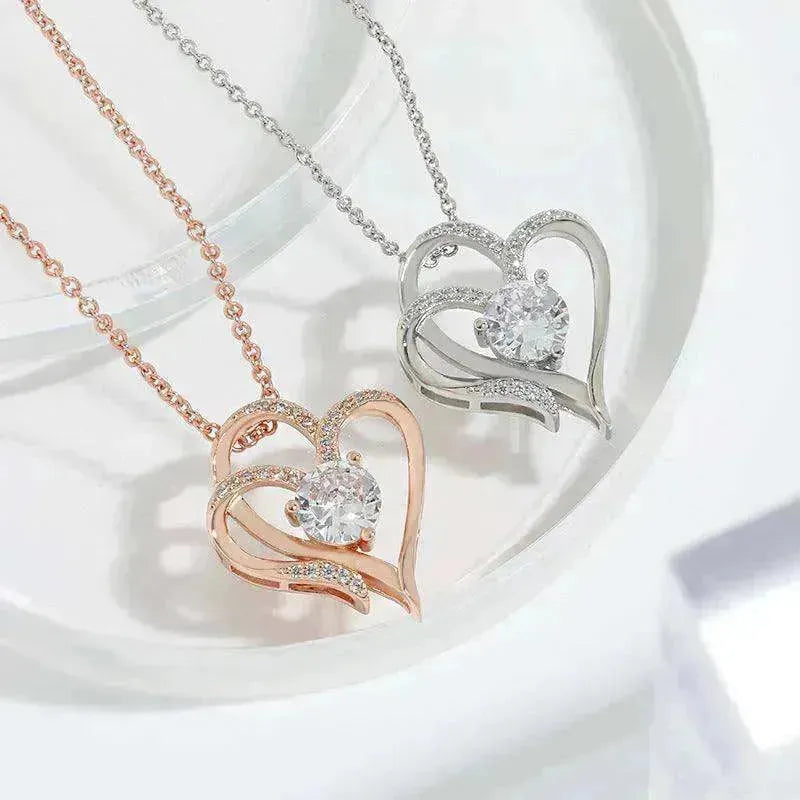 Zircon Double Love With Rhinestones Ins Personalized Heart-shaped Clavicle Chain Necklace - EX-STOCK CANADA