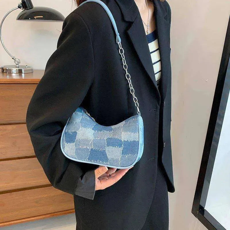 Denim Shoulder Simple Plaid Patchwork Underarm Women Bag - EX-STOCK CANADA