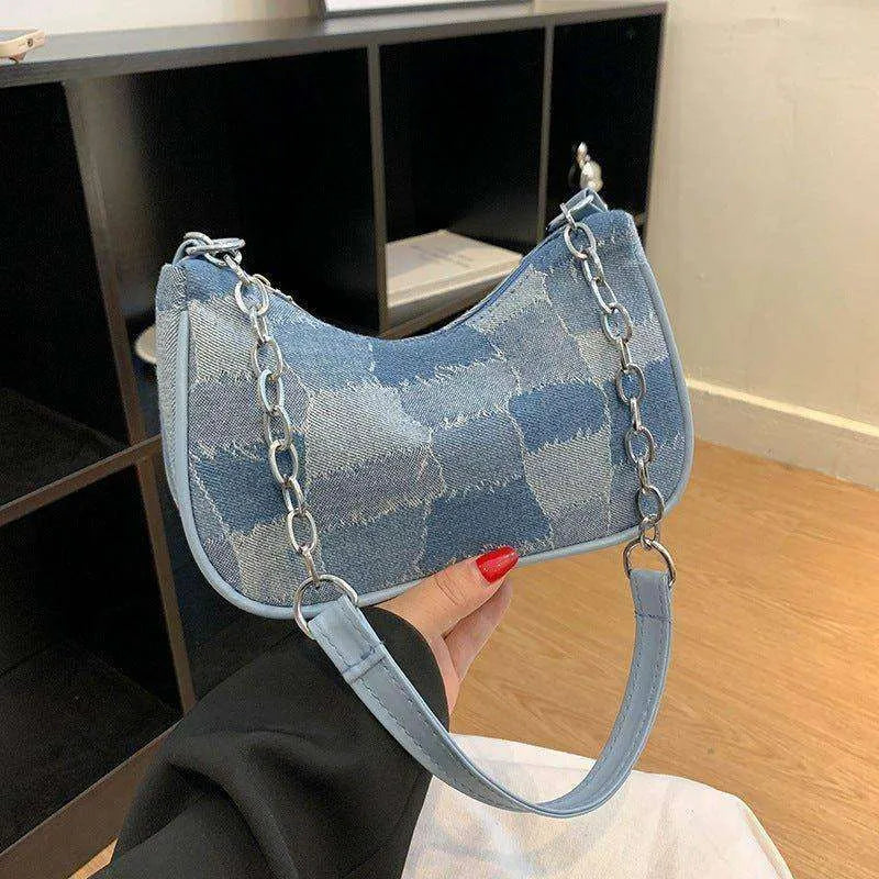 Denim Shoulder Simple Plaid Patchwork Underarm Women Bag - EX-STOCK CANADA