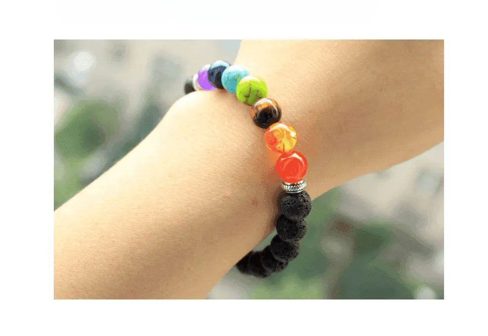 Handmade Black Lava Seven Chakra Healing Balance Beaded Bracelet - EX-STOCK CANADA