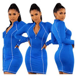 Tight stretch elastic collar zipper long sleeve dress - EX-STOCK CANADA